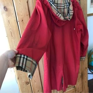 Red Burberry Hooded Jacket, iconic plaid lined, pockets, Vintage, EUC, size 12